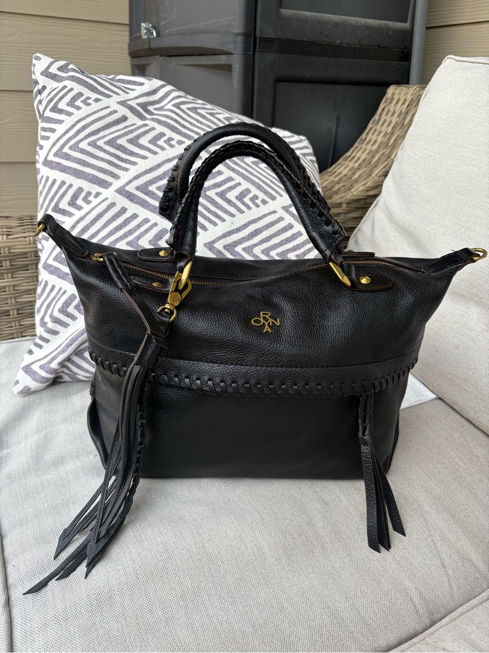 orYANY Black Leather Satchel with Braided Handles & Fringe